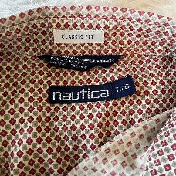 Nautica Classic Fit Shirt Size Large Mens Button Down Pocket Long Red Tan Print - Picture 4 of 8